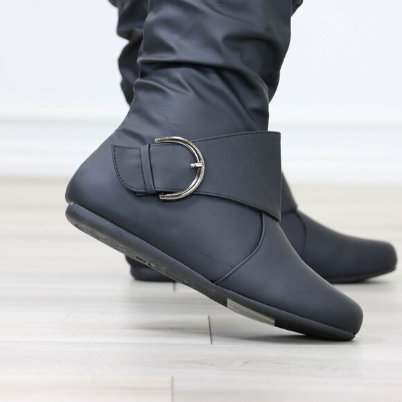 Black Mid-Calf Boots Slouch Shaft Faux Leather Side Zip Flat Sole - Picture 11 of 14